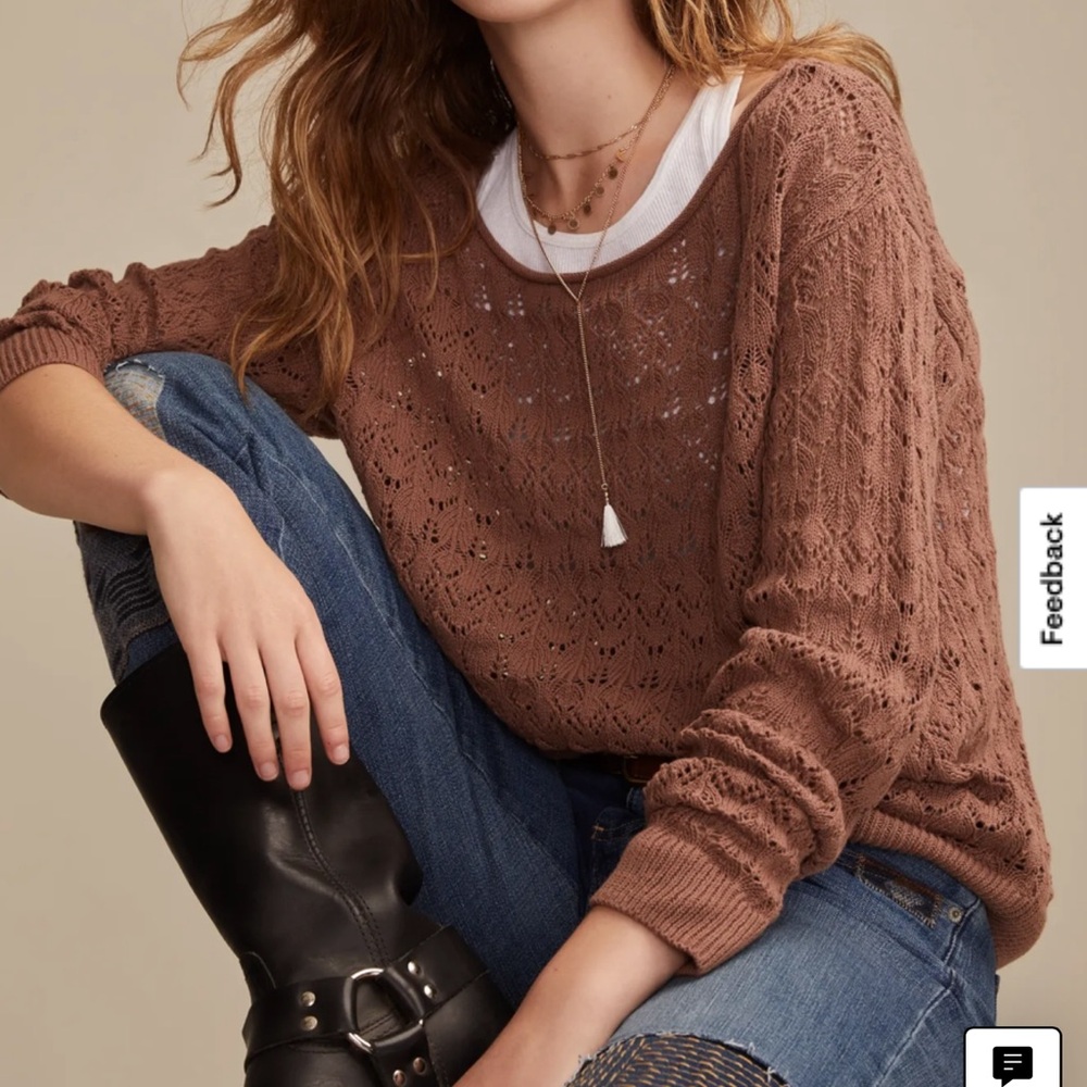 Lucky Brand crochet slouchy Scoop-Neck Sweater in Dusty Brown